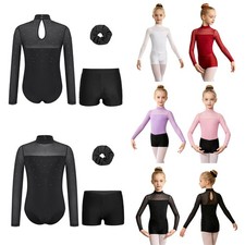 Kids Girls Outfits Training Dancewear Figure Skating Sets Patchwork Dance Mesh