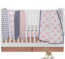 Bacati Crib Bedding Set Feathers Buck Coral Navy Sheet Blanket New Open Package