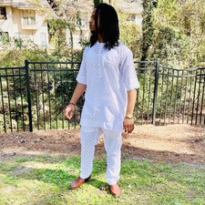 Nigerian White Lace Senator Style Men Two Piece Shirt  Pants Outfit  