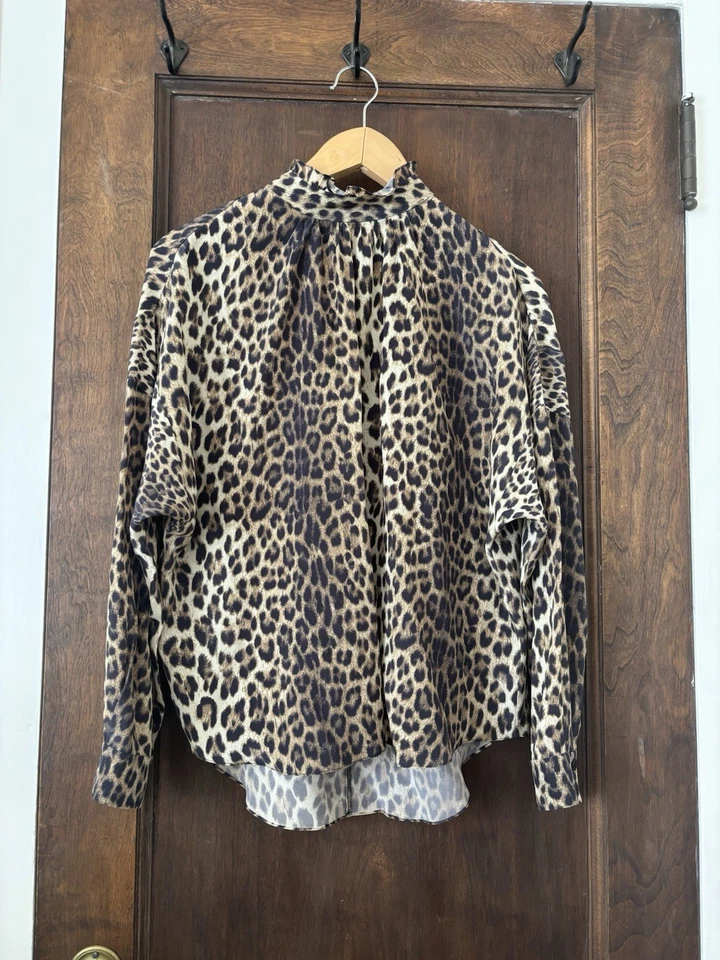 Нет. 6 Магазин шелк Mockneck с оборками летучая мышь рукав леопард блузка маленький размер 1