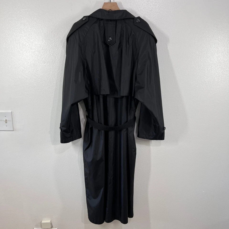 Vtg.80s Maggie Lawrence Black Nylon Trench Coat Rubberized Raincoat Belted Long - Image 2 of 4