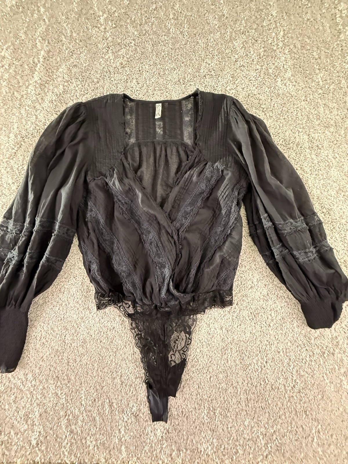 Free People Cotton Blouse Bodysuit Size XL Black Crochet Semi Sheer V Neck