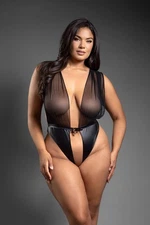 Fantasy Lingerie Queen Domina Lock & Key Plunge Sheer Mesh Crotchless Teddy Blac