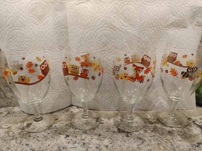 Lot Of 4 Libbey Hoot Owl Raccoon Fox Fall Autumn Retro Drinking Glass Goblet 7''