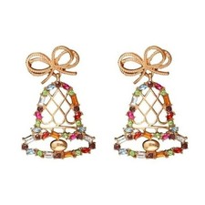 Christmas Earrings, Gold Christmas Bell with Bow  Multicolor Rhinestones