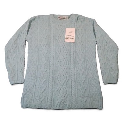 Aran Crafts Irish Sweater Women XL Light Blue Merino Wool Cable Knit Preppy NEW
