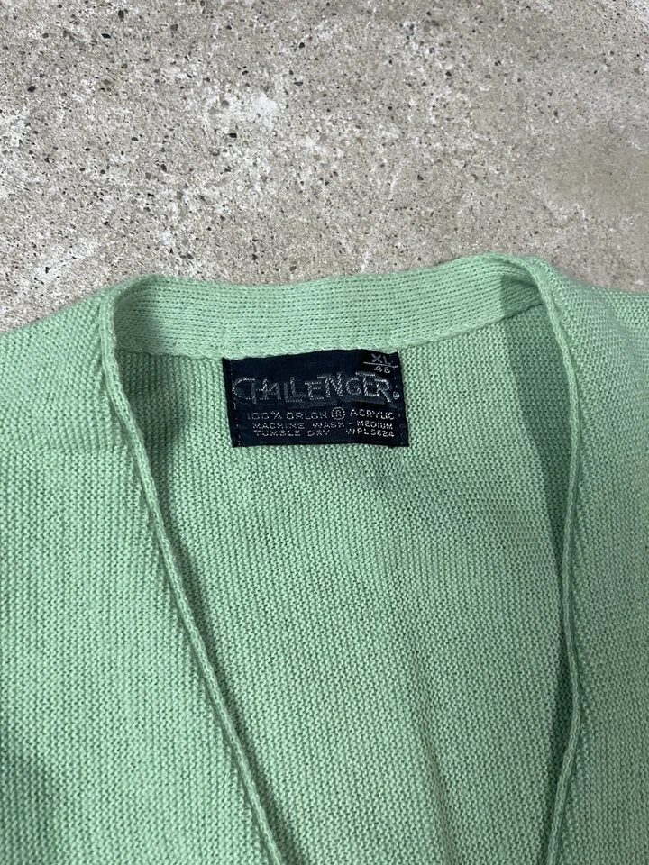Vintage 60s 70s Sweater Mens XL Turtle Logo Challenger Green Rockabilly Cardigan - Image 2 of 4