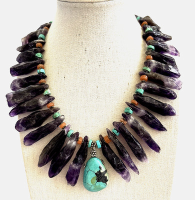 AMETHYST GEMSTONE TURQUOISE NATURAL NUGGET STERLING 17  NECKLACE ARTISAN MADE