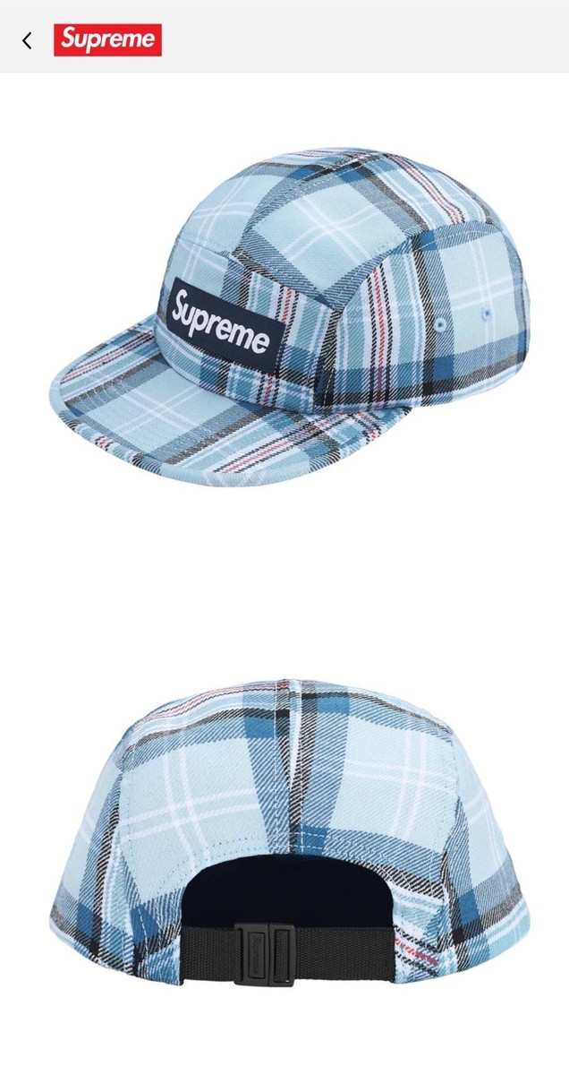 Supreme Lochcarron Blue Plaid Box Logo Camp Cap Hat FW25 AUTHENTIC