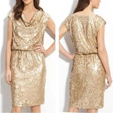 Eliza J Metallic Mini Cocktail Dress EJ2M2699 Drape Neck Gold Women's Size 8