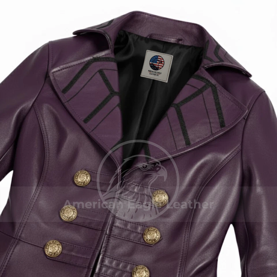 Men's Purple Leather Long Trench Coat Captain Hook Pirate Cosplay Costume Jacket - Image 4 of 4