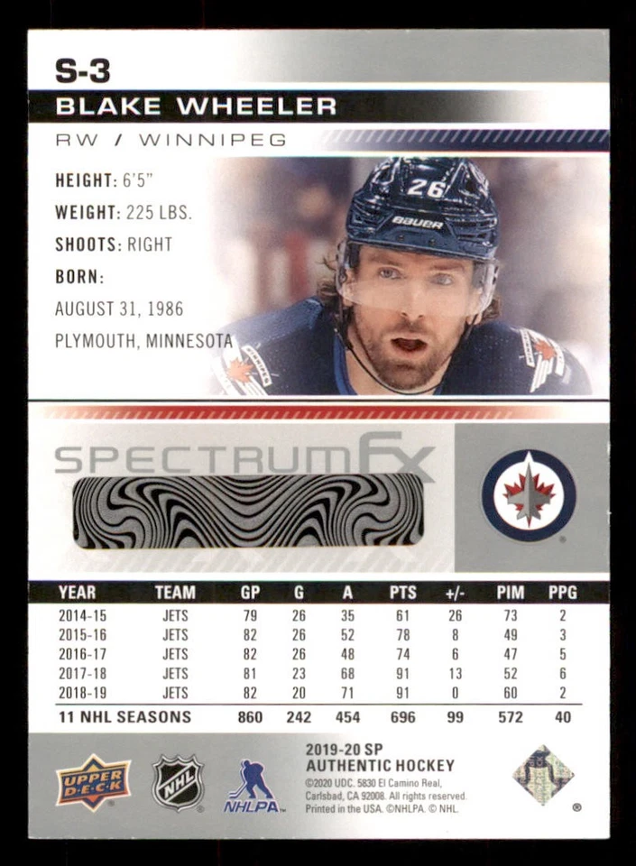 2019-20 SP Authentic Spectrum FX #S3 Blake Wheeler - Image 2 of 2