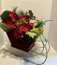 Christmas Centerpiece 14” Metal Sleigh With Faux Holiday Floral Arrangement