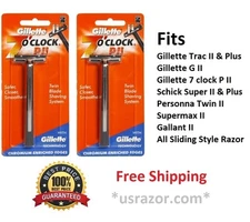 2 Gillette Trac II Razor cartridge Refills 7 o' clock PII Metal Shaver Handle US