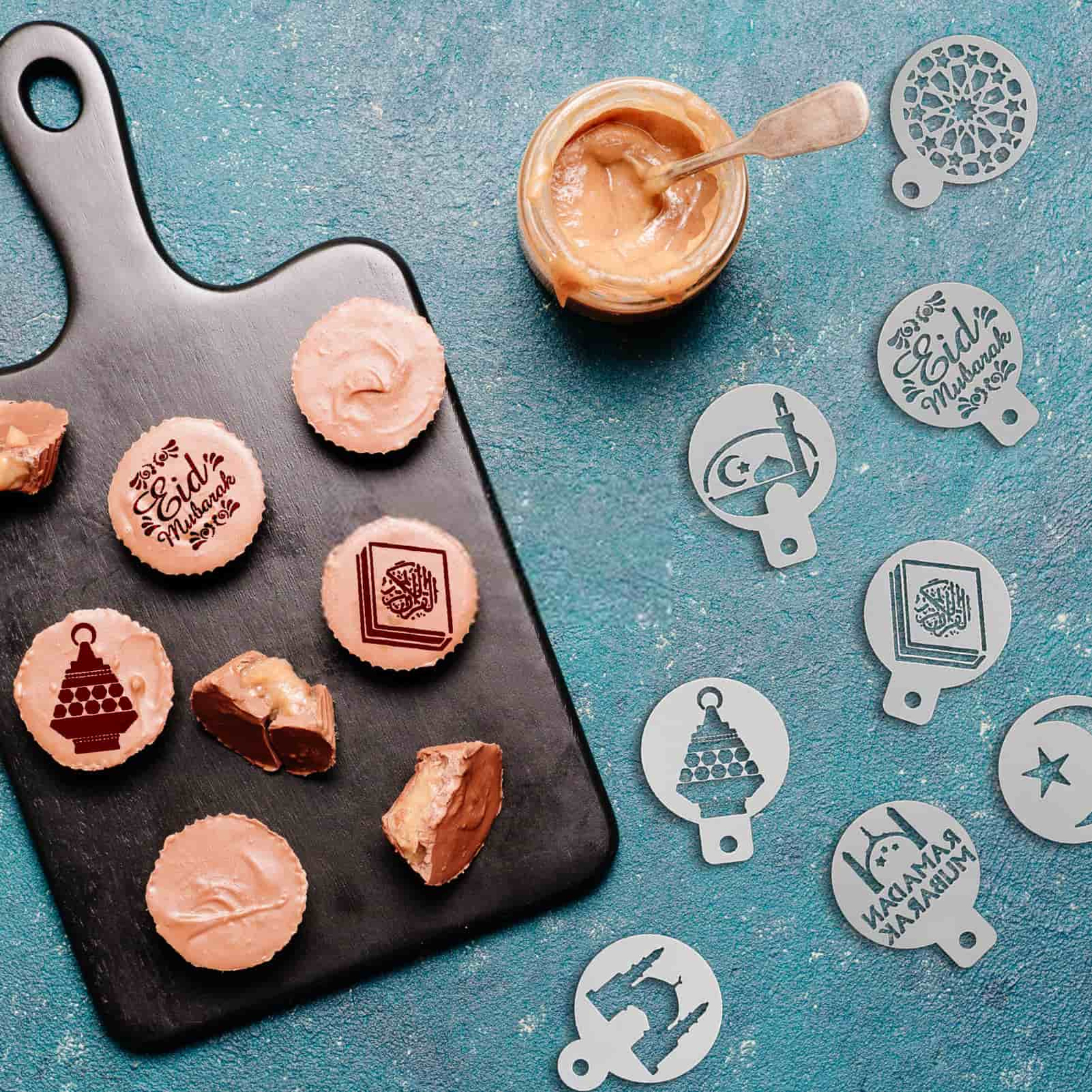 8pcs Eid Mubarak Cookie Baking Stencil Set Mubarak Ramadan Islamic Stamp Paintin