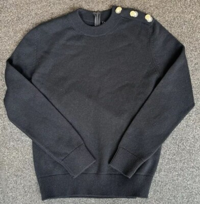 CHANEL BLACK CASHMERE PULLOVER SWEATER GOLD TONE LOGO PEARL