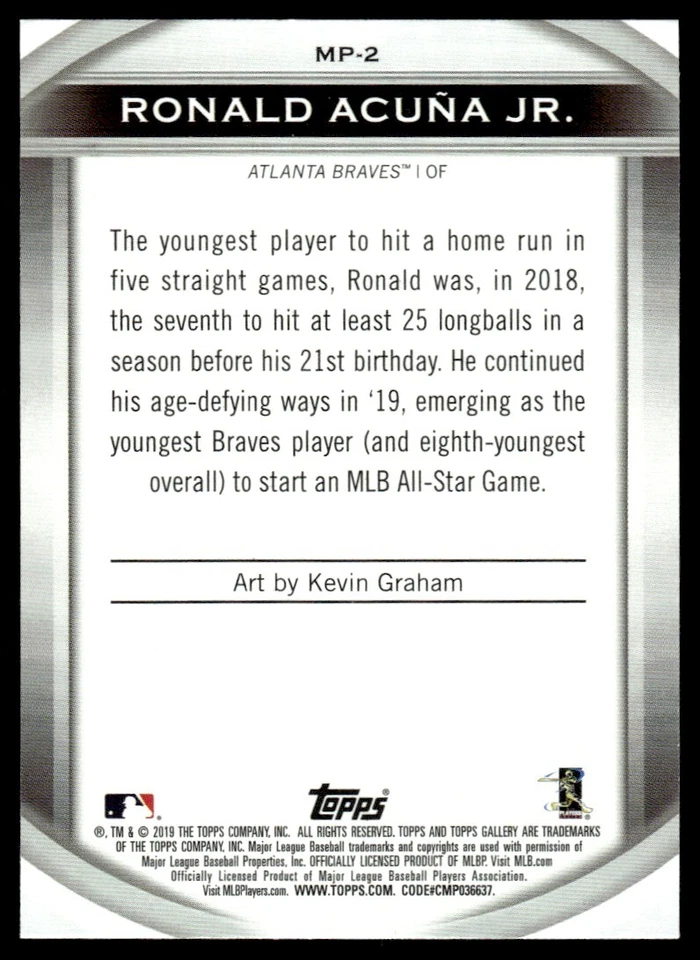 2019 Topps Gallery Masterpiece Ronald Acuña Jr. Atlanta Braves #MP-2 R123 - Image 2 of 2
