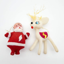 Vintage Flocked Santa and Rain Deer Christmas Ornament Horn Missing Decoration