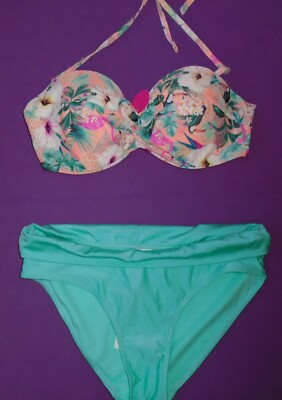Accessorize Bikini Set bird top 32D & aqua roll top briefs Size 8 New Tags BNWT