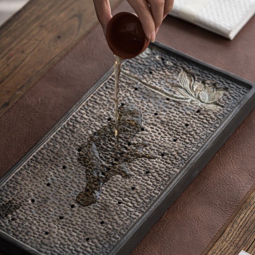 Lotus Engraved Rectangle Tea Tray Water Draining Reservoir Serving Tray Ceramic - Picture 7 of 12