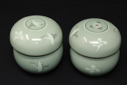 PAR de tazas de té de cerámica Celadon con tapas e infusores, grúas de esmalte craquelado 6 oz EC - Imagen 3 de 15