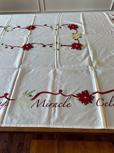 Christmas White with Poinsettias Oblong Tablecloth Noel Peace Miracle Joy - Picture 6 of 9