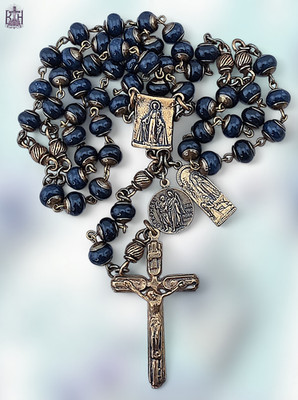 Healing Saints Miraculous Mary Lourdes Raphael Bronze Heirloom Rosary |Blue Jade