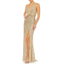 Mac Duggal 5759 Gold Column Evening Gown Sequined Backless Halter Dress Size 16