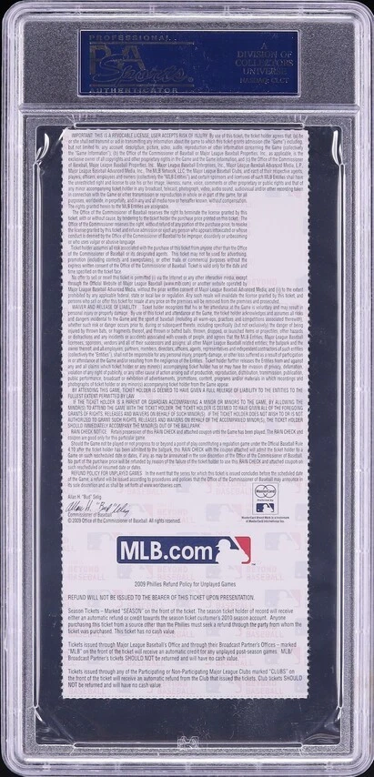 2009 MLB WORLD SERIES FULL GAME 4 TICKET YANKEES PHILLIES PSA 10 GEM MINT LO POP - Image 2 of 2