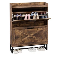 Shoe Storage Cabinet w/2 Flip Drawers Metal Leg Shoe Organizer Rack Rustic Brown