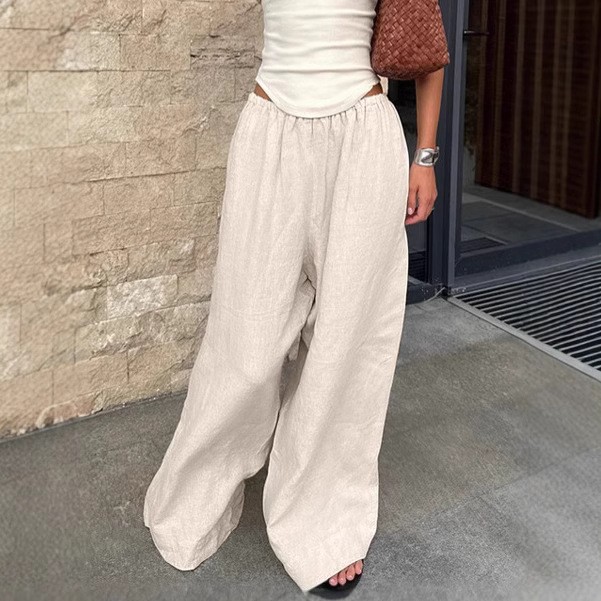 Minimalist Cotton Linen Wide Leg Pants For Women, Khaki Loose Casual Trousers