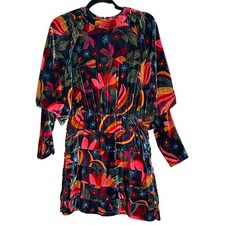FARM Rio Velvet Banana Sky Floral Mini Dress Tiered Long Sleeve Size Small