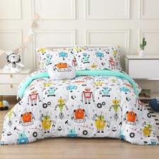 Twin Size Comforter Sets for Boys Kids, 6 Pieces Bed in a Bag White Robot Bed