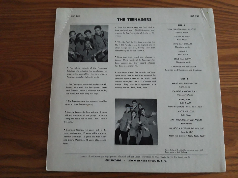 The TEENAGERS  Frankie Lymon  US LP GEE GLP 701   Ed.1   1956  EX - Image 2 of 3