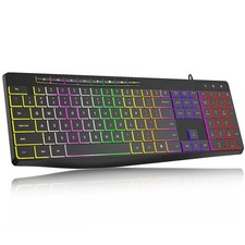 Wired Computer Keyboard 7-Color Rainbow LED Backlit Quiet Multimedia Mac PC