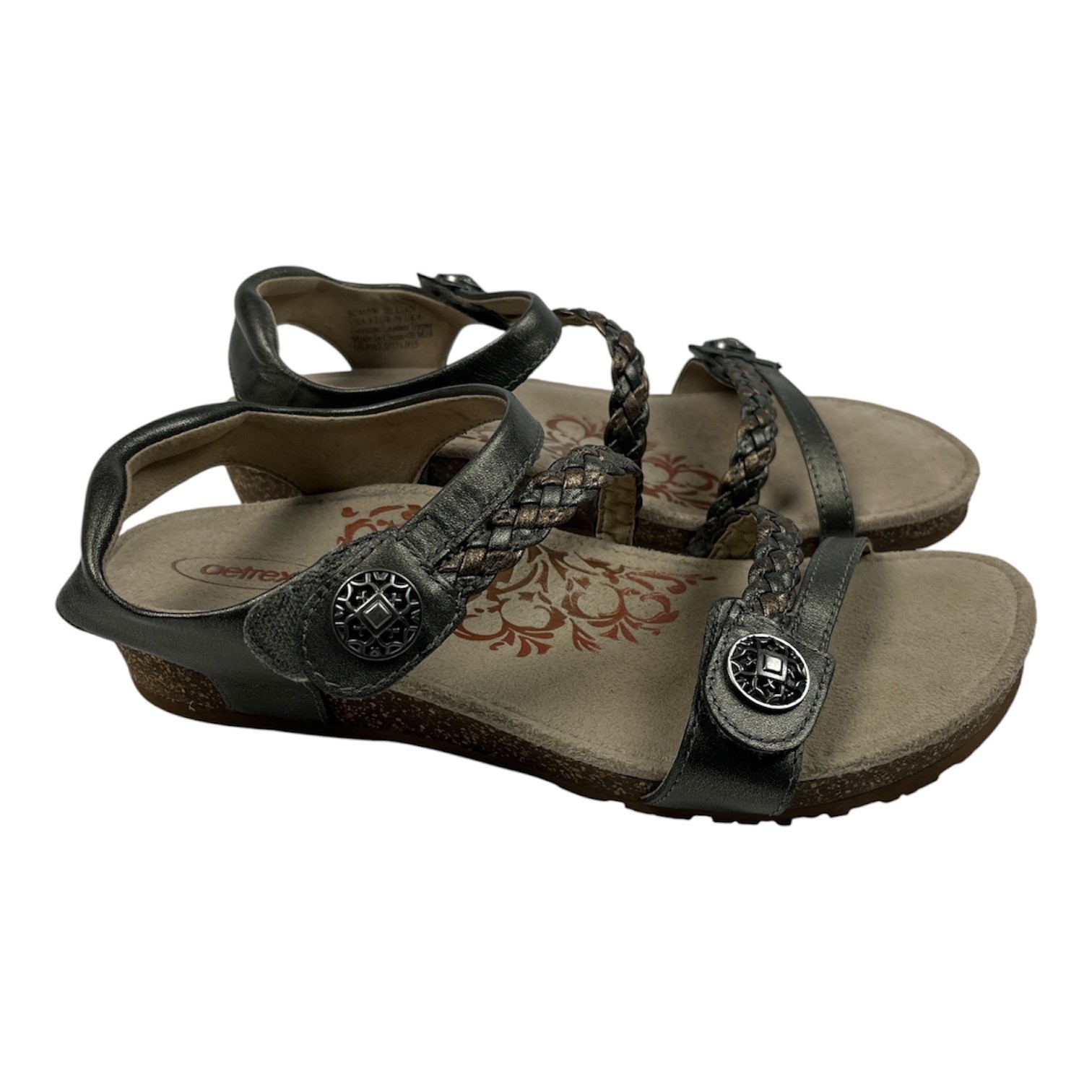 Aetrex Excellent Pre-owned Jillian Sandal Women 8 Gray Metallic Braided Leather