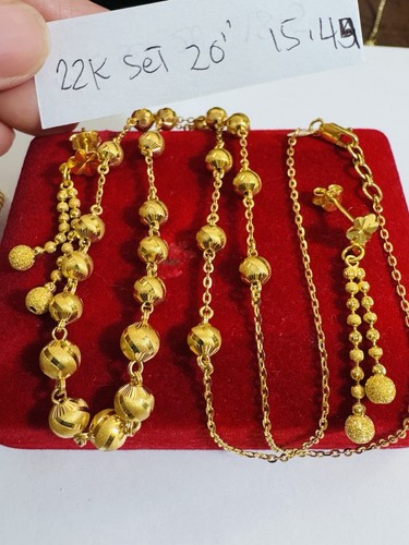 Pure New 22K 916 Real Yellow Gold 20” Long Balls Earring & Necklace 4/6mm 15.4gr - Picture 6 of 22