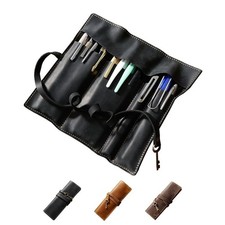 Vintage Cowhide Leather Pen Pouch Roll-up Pencil Case bag Stationery Storage New