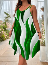 Plus Size Stretchy Green/White Shoulder Straps Hi Lo Fade Dress. Plus Size 2XL.