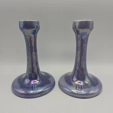 Pair of SCARCE Ruskin England Lavender Lusterware Ceramic Candlestick Holders