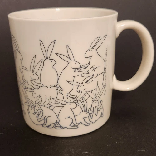 Vintage 1979 Taylor & Ng Naughty Rabbits Coffee Mug Black on Off-White, Japan