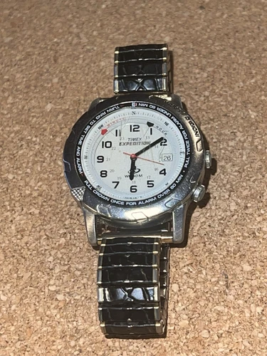 Vtg Timex Expedition Watch Men Silver Tone Date Indiglo New Battery 1999