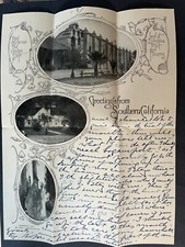 Carta de saludos del sur de California c1900 misión de San Gabriel vista múltiple
