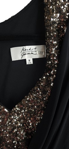 Badgley Mischka Mack & James Sz Medium Black Mini Dress with Gold Sequins Vneck - Picture 3 of 16