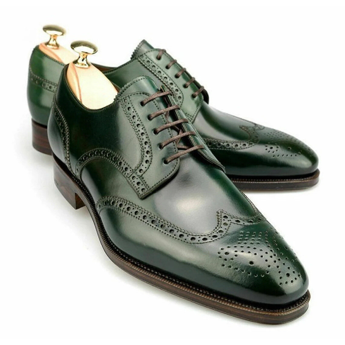Hechos a Mano Hombres Punta de Ala Derby Color Verde Cuero Genuino Zapatos de Vestir Botas Formales