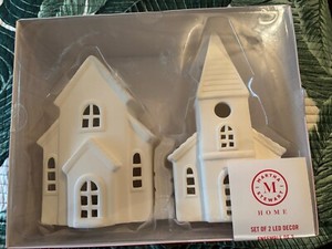 BRAND NEW MARTHA STEWAR CHRISTMAS WHITE CERAMIC LIGHTED VILLAGE SET OF 2