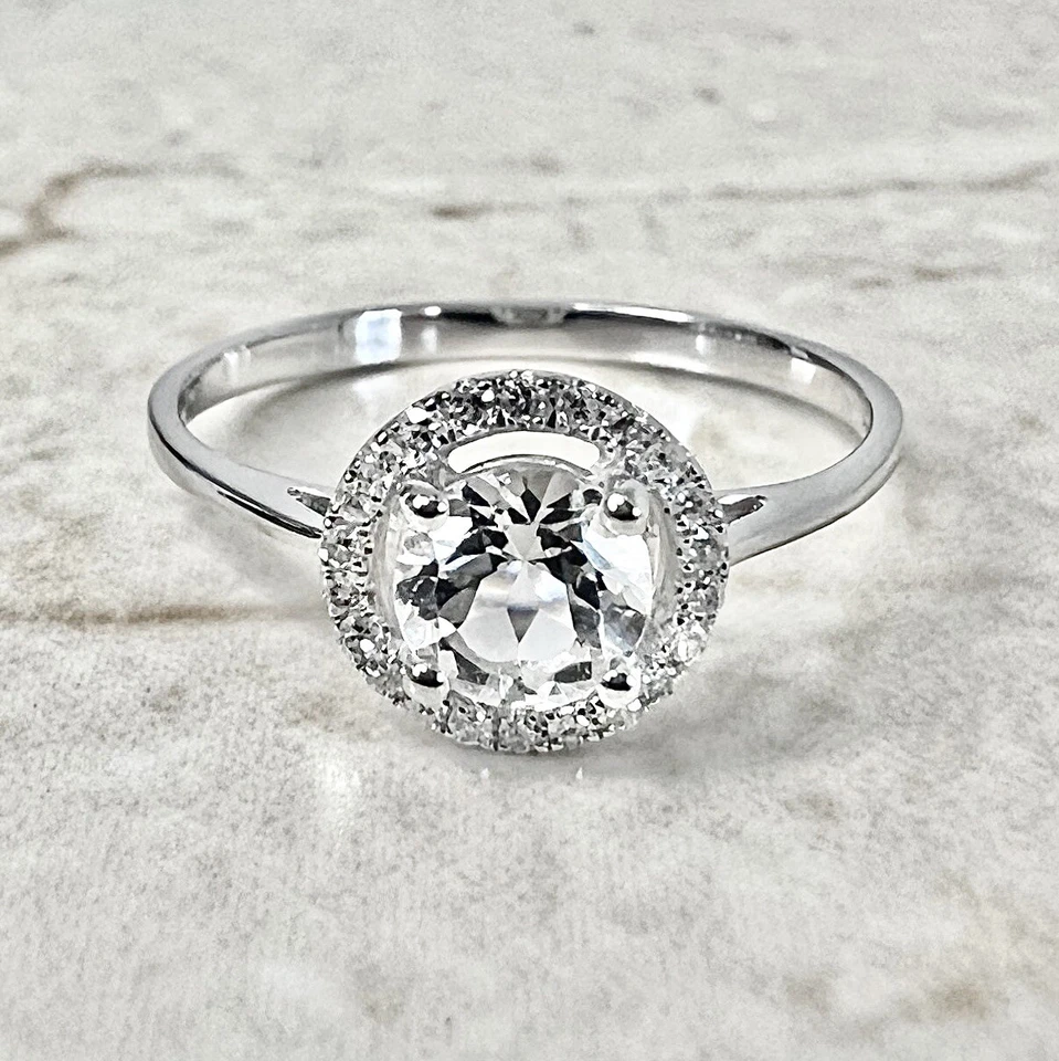 Anillo Halo Topacio Blanco Redondo 14K - Anillo Topacio Blanco Oro Blanco - Anillo Halo Diamante Foto 3 de 4