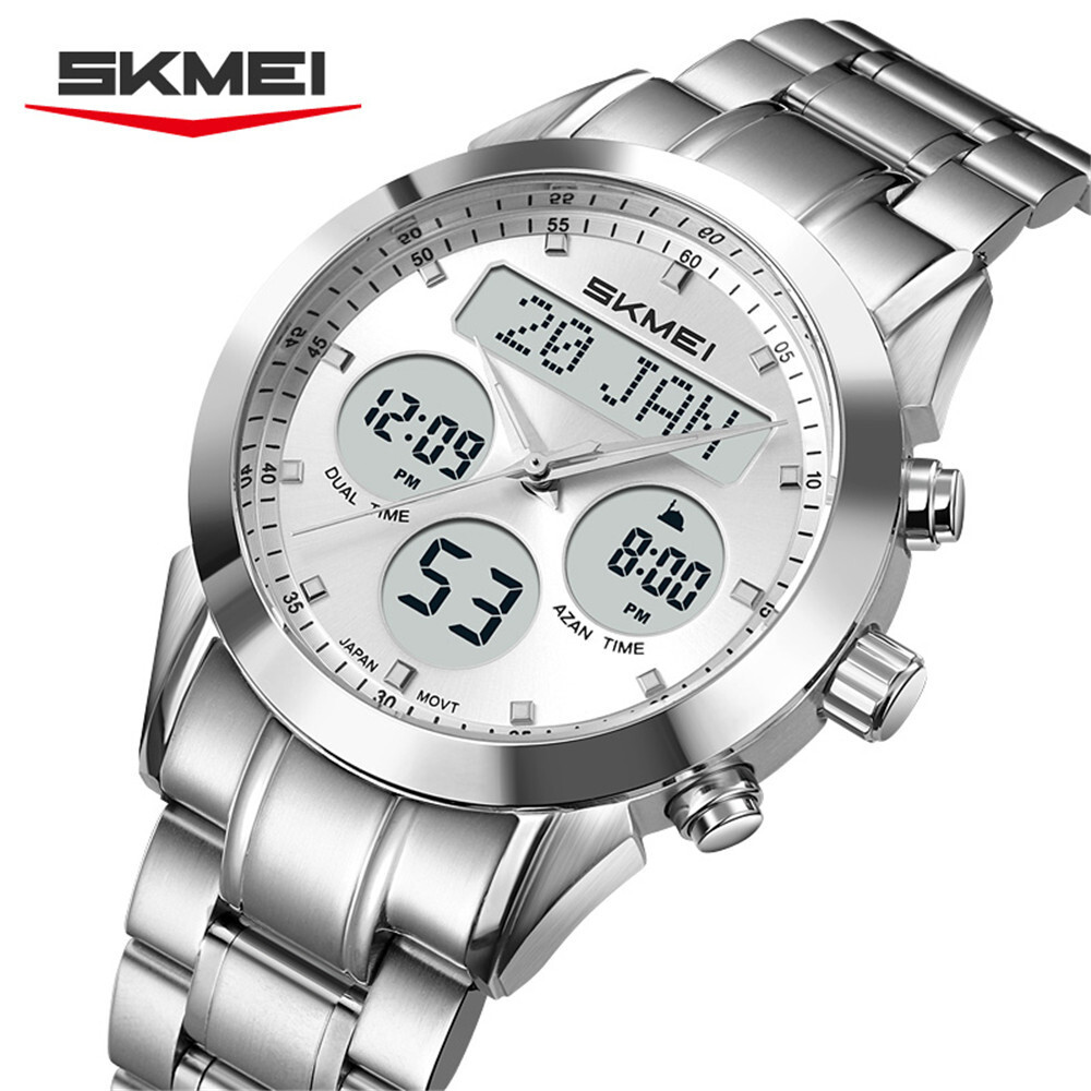 SKMEI Men Quartz Watch Qibla Time Digital Wristwatch Male Steel