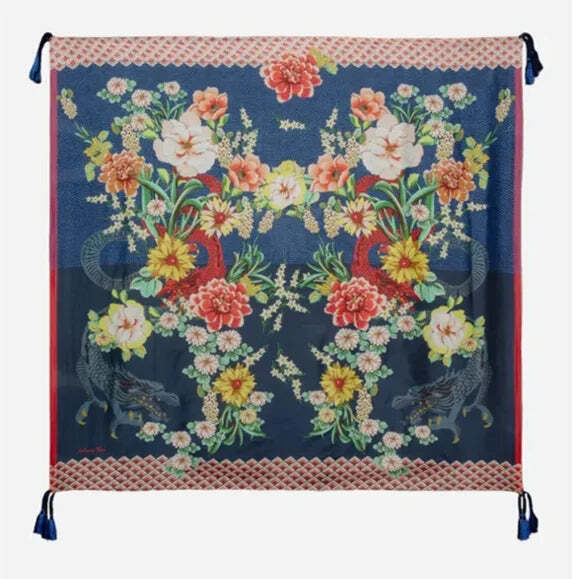 Johnny Was Dragona Silk Scarf Flower Square Large Floral Tassels