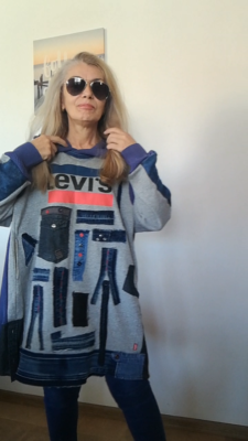 denim sweatshirt dress MINDSET IS EVERYTHING HALF DENIM SWEATSHIRT DRESS